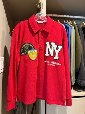 ZARA Red NY Patch Oversized Rugby Polo Shirt S